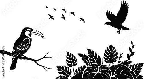Silhouette of a toucan perched on a branch with other birds flying.
