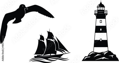 Silhouette of a Seagull Sailing Ship and Lighthouse.