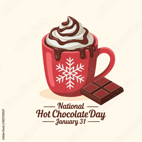 National Hot Chocolate Day vector. Red mug of hot chocolate with whipped cream vector. Cup of cocoa illustration. Winter beverage drawing. January 31.