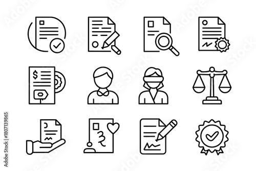 A collection of outline icons representing legal documents, contracts, justice, and approval processes.