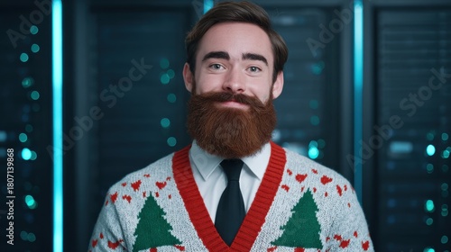 Smiling bearded man in a festive Christmas sweater standing in a blue-lit server room.