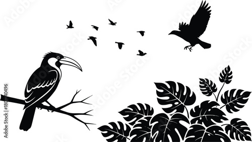 Silhouette of a toucan perched on a branch with other birds flying around.