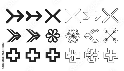 Vector graphic set of arrows crosses and plus sign illustrations
