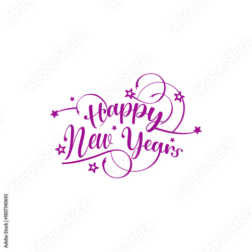 Happy new year text with stars and swirls isolated on white background