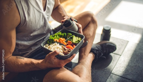 Healthy Meal Prep: Man with Tattoo Eats Post-Workout Rice and Vegetables