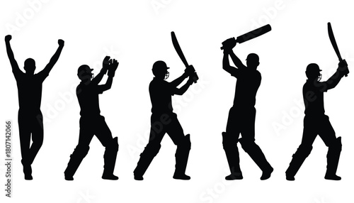 Cricket players silhouettes action shots sport game illustration