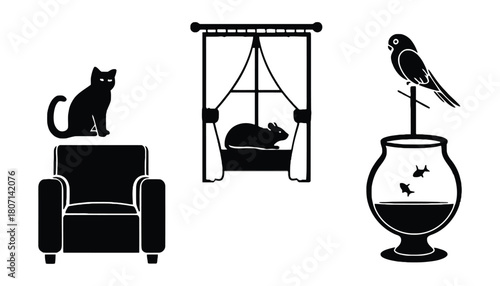 Black and white vector illustration of animals and furniture