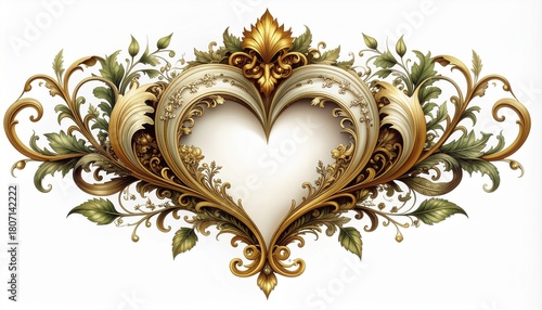 Heart Ornament with Floral and Gold Filigree Detailing, Perfect for Wedding Designs and Decorations