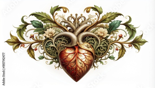 Artistic Heart Design with Floral and Leafy Embellishments, Celebrating Love and Nature