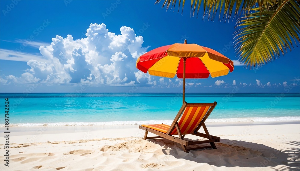 Fototapeta premium Idyllic beach scene depicting tranquility with a colorful umbrella and a chair
