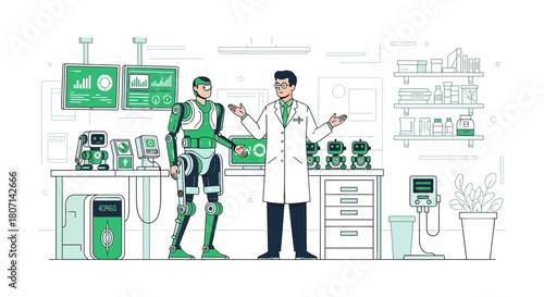 A scientist introducing a green robot in laboratory with advanced technology and cute robots