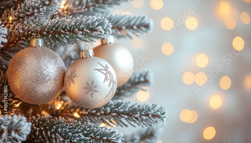 Close-up of elegant Christmas ornaments with soft bokeh lights and festive vibes