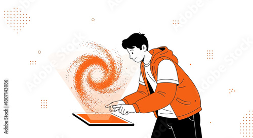 A young man interacts with digital content on a tablet, exploring the possibilities of augmented