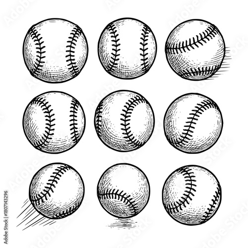 Set baseball ball vintage hand drawing style black and white