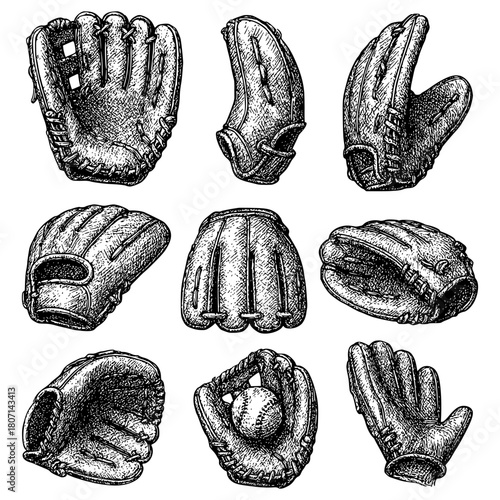 Set baseball gloves vintage hand drawing style black and white
