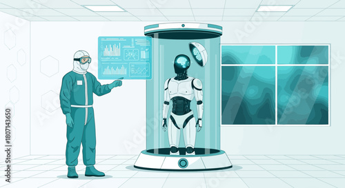 Advanced robotics lab showcasing humanoid robot undergoing neurological diagnostics and enhancements
