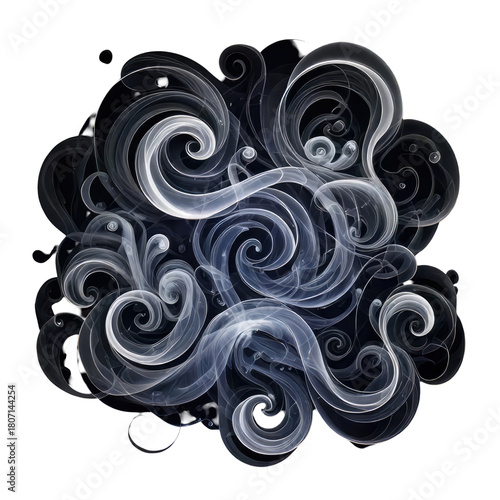 Intricate swirling wisps of white smoke against black