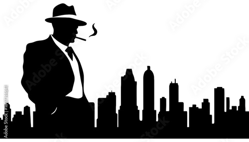 Silhouette gangster smoking cigar in city skyline illustration