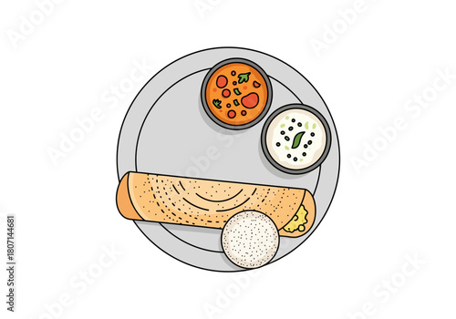 Illustration of South Indian Breakfast with Dosa, Idli, Sambar, and Chutney