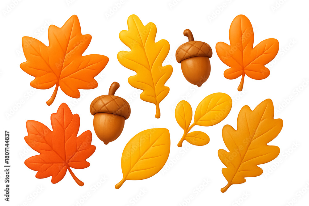 Naklejka premium Png set of autumn leaves and acorns in vibrant colors isolated on transparent background. concept of fall season decor, nature elements, botanical illustration.