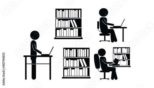Stick figure working from home office with laptop and bookcase