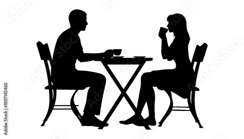 Silhouette of couple drinking coffee at cafe table vector art