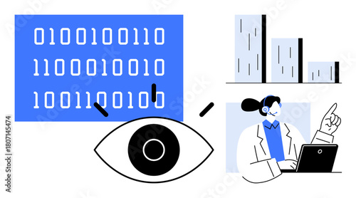 Eye focusing on binary code, a bar chart, and a professional analyst with a laptop. Ideal for analysis, technology, coding, data security, innovation machine learning and communication. Simple flat