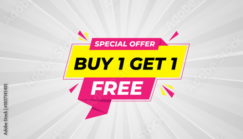 Buy one get one free. Online shop discount sale background for buy 1 get 1, Special Discount marketing poster design for web and Social. sale banner vector template Design.