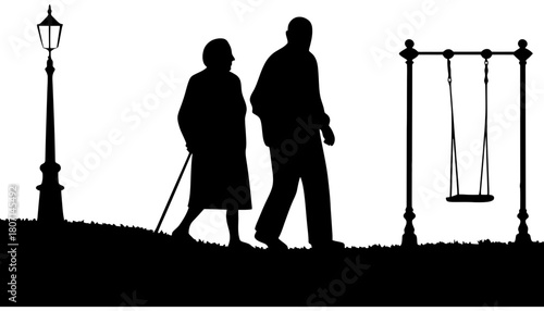Silhouette of seniors walking in park with swing and lamppost