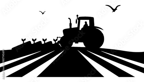 Tractor silhouette plowing field agriculture farming vector art
