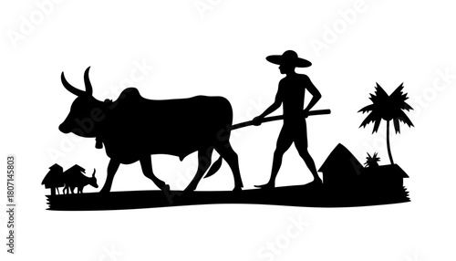 Silhouette of farmer plowing field with oxen vector illustration