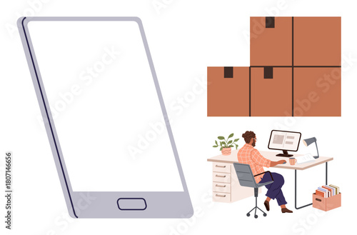 Professional working on desktop with books, plant, and large delivery boxes alongside a smartphone. Ideal for e-commerce, telecommuting, logistics, supply chain, online shopping, remote work digital