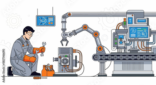 Automated manufacturing cell with robotic arm and engineer inspecting factory equipment