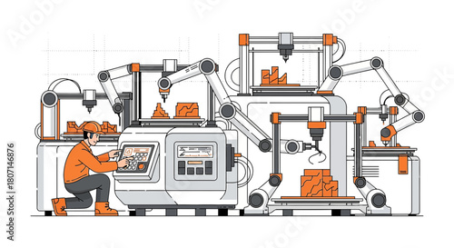 Automated manufacturing process illustration showcasing 3D printing technology in a modern factory