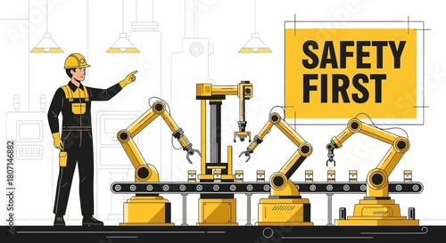 Automated manufacturing process emphasizing safety first in a modern factory setting showcasing