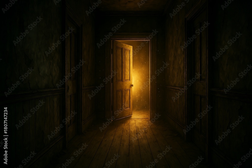 Fototapeta premium Mysterious Open Door with Golden Light in Dark Hallway