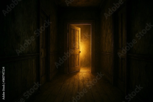 Wallpaper Mural Mysterious Open Door with Golden Light in Dark Hallway Torontodigital.ca