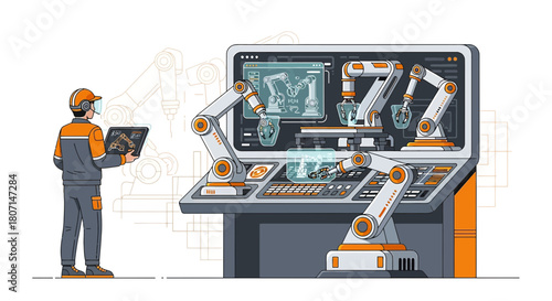 Automated precision modern industry: an engineer controls robotic manufacturing processes through
