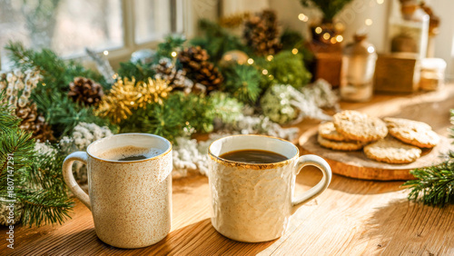 Wallpaper Mural Cozy winter morning with steaming mugs of coffee, cookies, and festive decorations by the window Torontodigital.ca