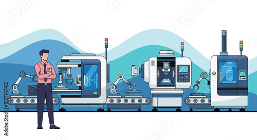 Automated production line with engineer supervising operation in a modern factory showcase