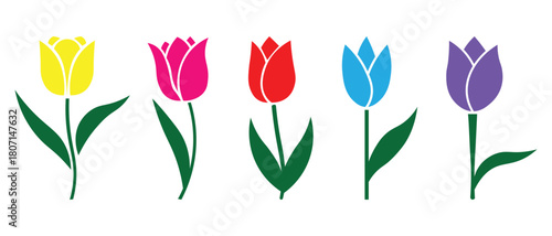 Collation of stylish tulip flower icon set with various color. Tulip silhouette vector design for decorative templates. Flat design style isolated on white. Vector illustration.
