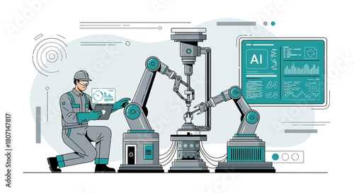 Automation Engineer Monitoring AI Powered Robotic Arms in Advanced Manufacturing Environment