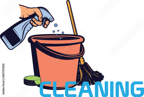 Cleaning Supplies Illustration with Spray Bottle Bucket and Mop for Household Chores and Maintenance Tasks