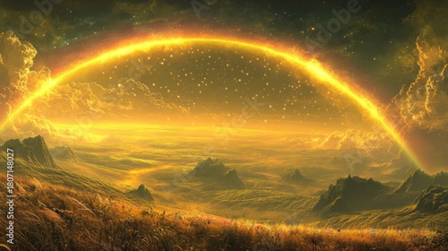 Golden Celestial Arc Over Serene Alien Landscape