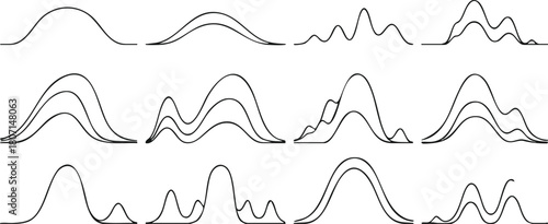 Variety of Curves Abstract Line Art Depicting Different Peak Patterns in Black and White