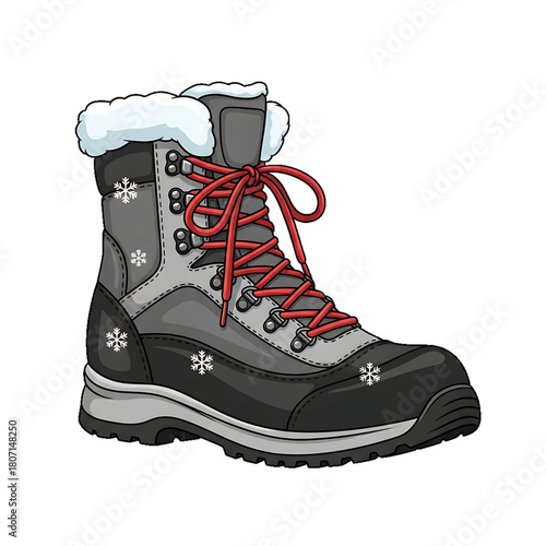 A sturdy winter boot icon with fur trim, snowflakes, and red laces for cold weather.