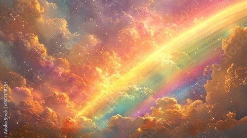 Celestial Rainbow Across Golden Cloudscape
