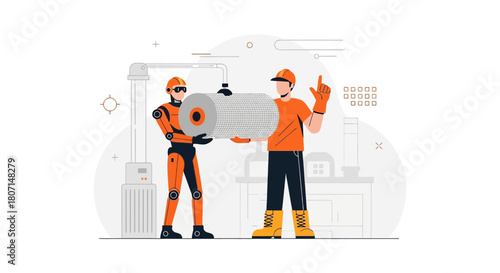 Collaborative factory: Robot and worker handling materials within industrial setting efficiently