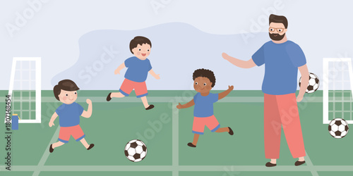 Happy boys playing ball, football school, coach and students. Multiethnic preschool boys play football. Childhood active leisure, entertainment and playtime.