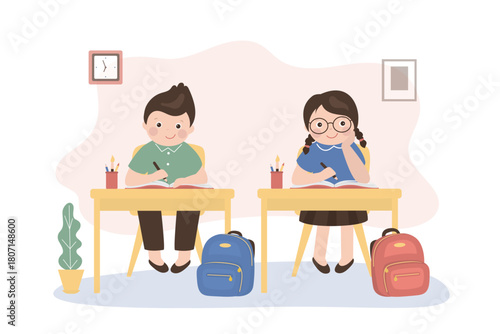 Learning process, primary school students sitting at the desk. Primary education, children writing in notebooks. Kids gain knowledge in classroom. Smart students, classmates.